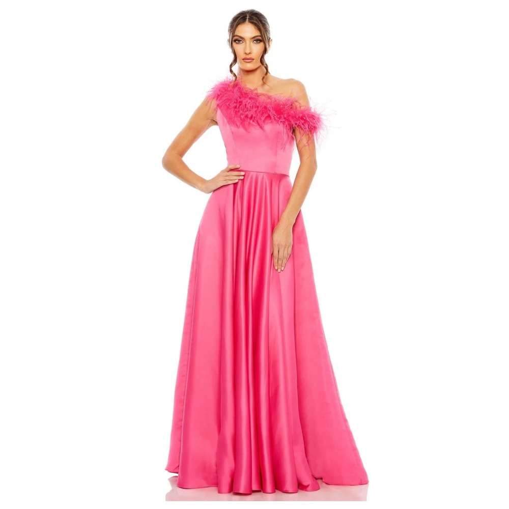 Mac Duggal One Shoulder Feather Trim Satin A-Line Gown Fuchsia Pink